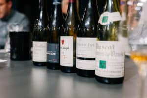 Bouteilles de vin pour le cours d'œnologie sur les vins de la vallée du Rhône